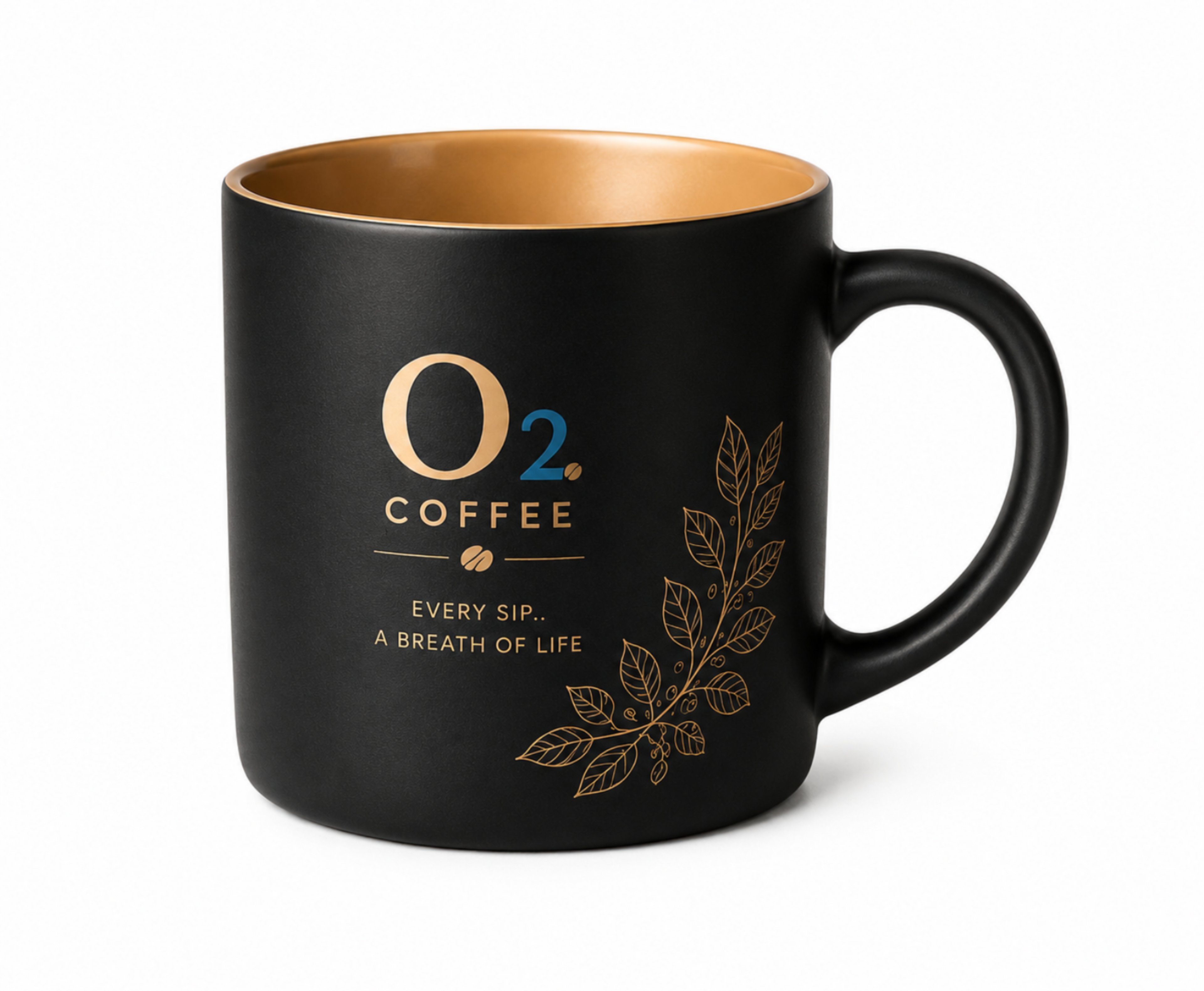 Black coffee mug with gold interior and 'O2 Coffee' branding on a white background